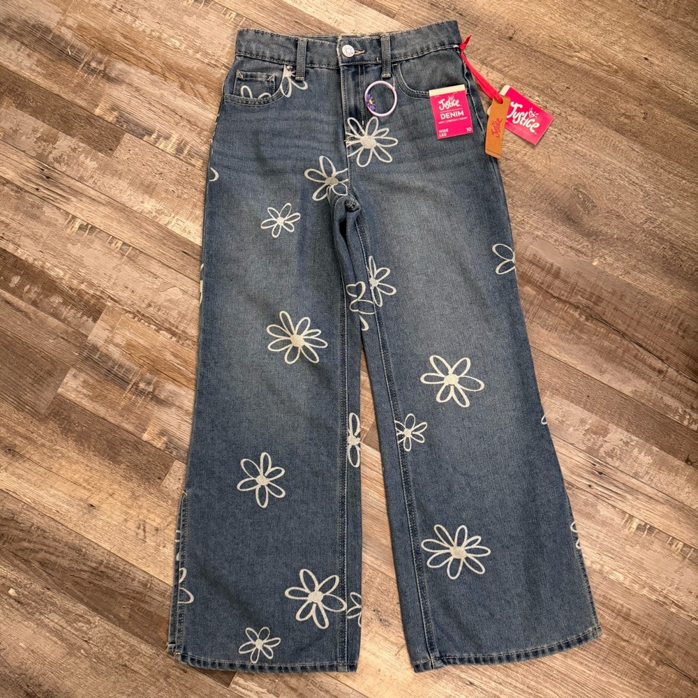 Justice Girls Wide Leg Floral Print Jeans Size 10 NWT